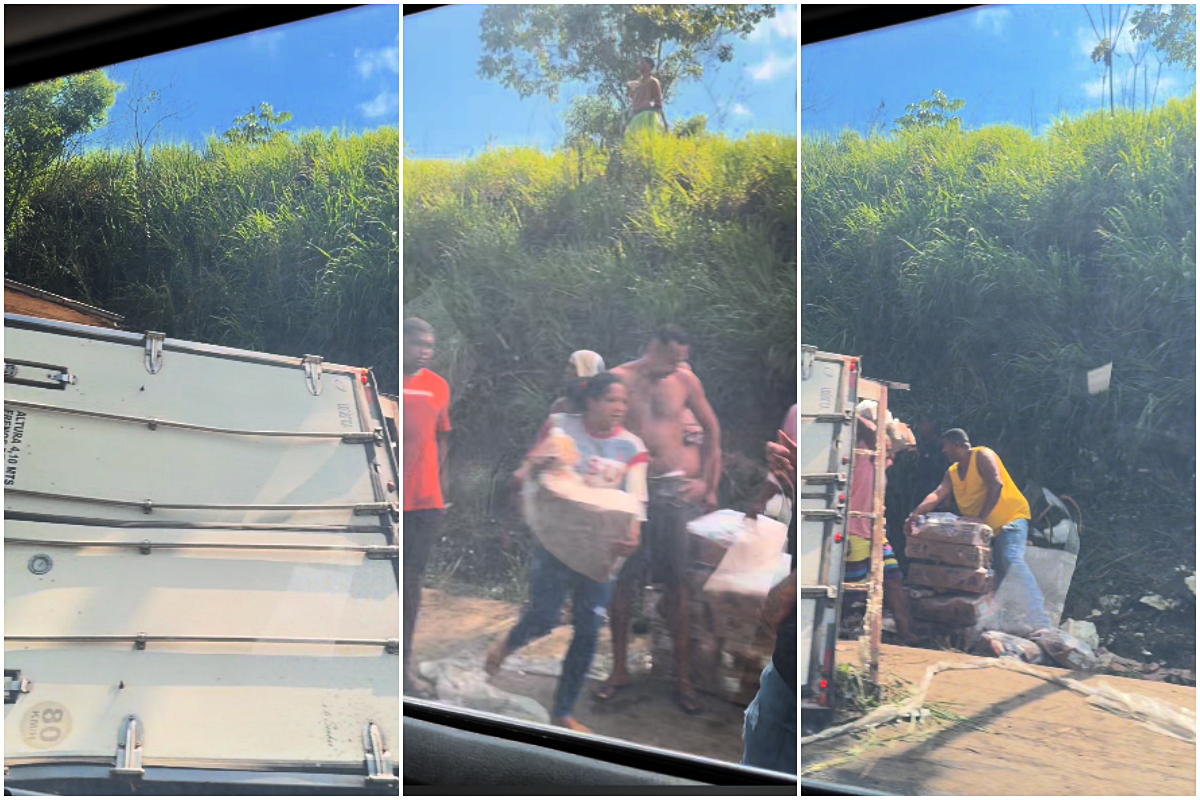Caminh&atilde;o tomba na BR-101 e carga de frango &eacute; saqueada no Sul da Bahia. Foto: Redes Sociais