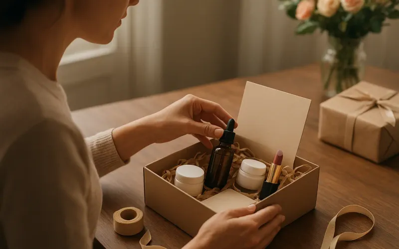 Sabonetes, hidratantes, cremes e maquiagens em vers&otilde;es compactas formam kits delicados e sofisticados para um presente econ&ocirc;mico/Foto: Imagem gerada por IA&nbsp;