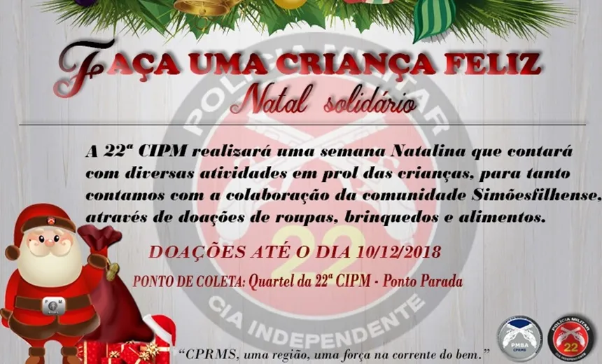 PM pede doações para semana do “Natal Solidário” em Simões Filho; veja como ajudar
