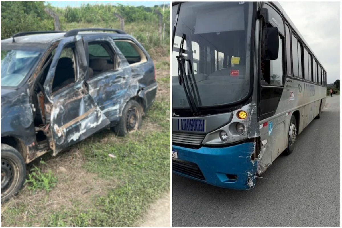 Acidente entre carro e &ocirc;nibus deixa quatro pessoas feridas no Sul baiano. Foto: Redes Sociais