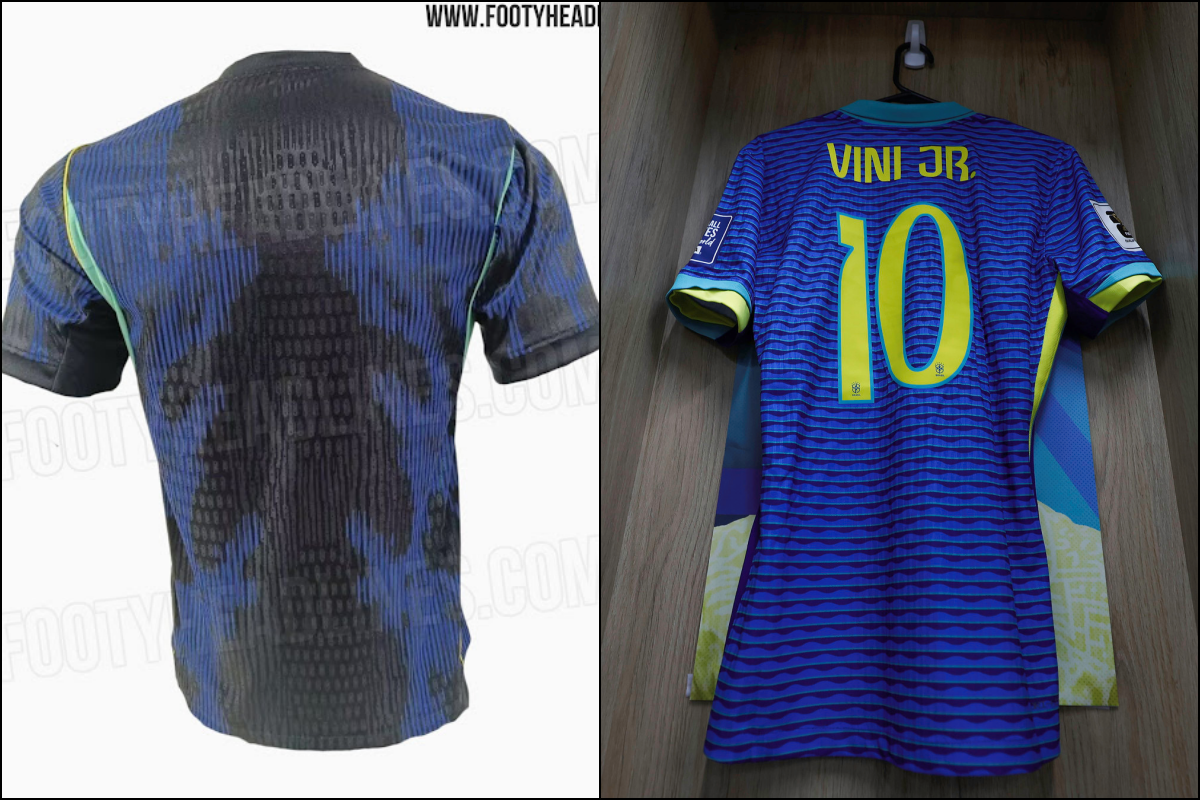 O suposto uniforme 2 da Seleção Brasileira apresenta um tom mais escuro de azul e detalhes em preto. Foto: Reprodução/FootyHeadlines e CBF