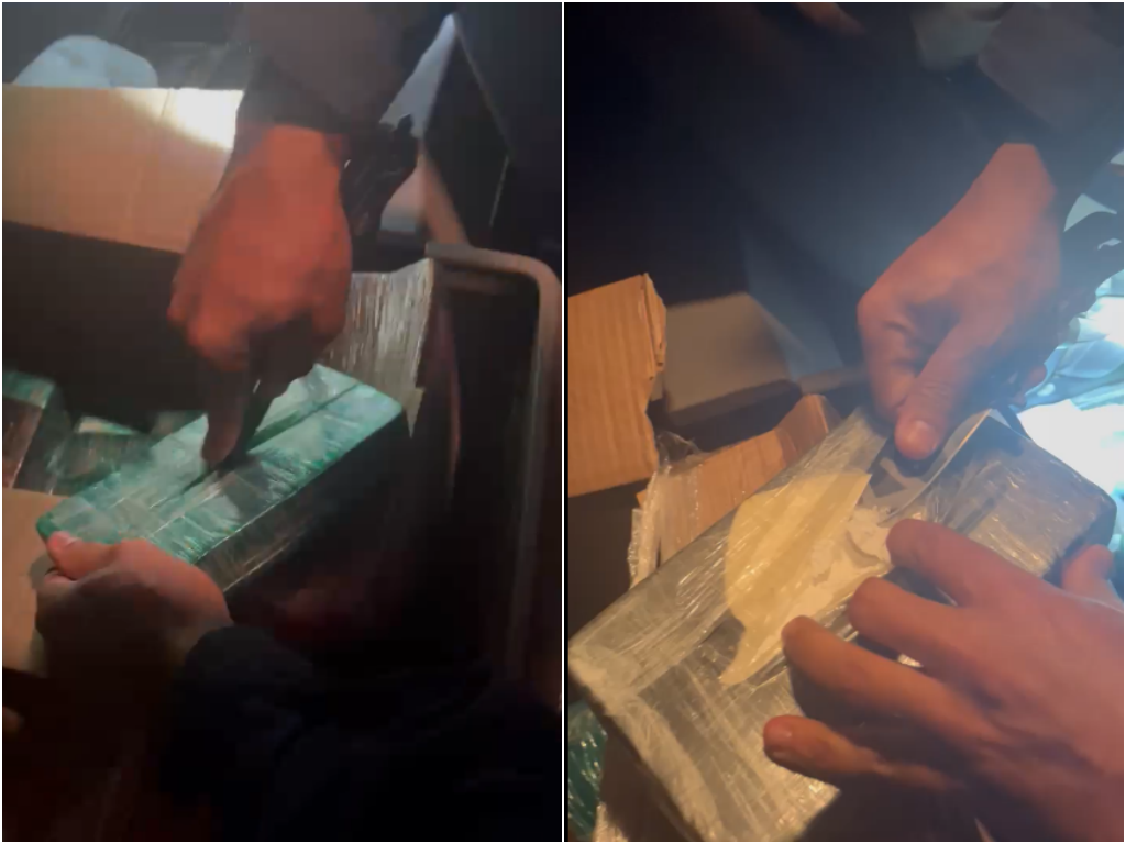  Debaixo do banco do motorista, foram encontradas duas caixas contendo dezenas de tabletes de crack e cocaína. Foto: Divulgação/PRF