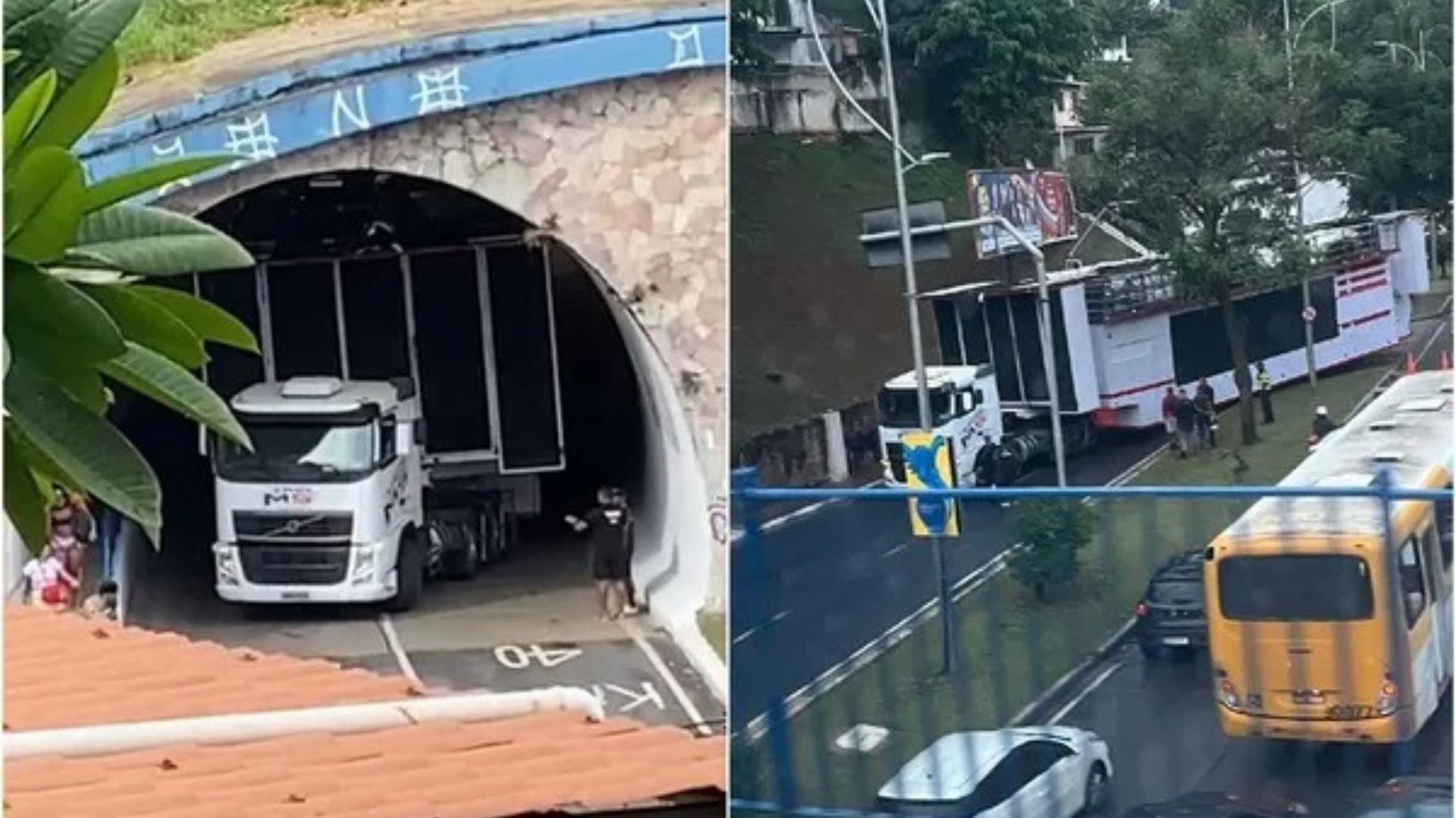 O trio el&eacute;trico acabou preso na sa&iacute;da do t&uacute;nel, no sentido Barra. Foto: Redes Sociais e Edim&aacute;rio Duplat/Aratu On