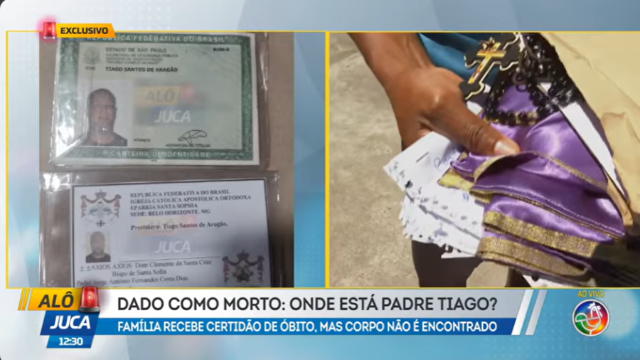 Contato suspeito chegou a enviar objetos que teriam pertencido a Tiago, como batina e terço, tentando dar veracidade à história.Foto: TV Aratu