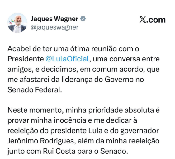 Em uma publica&ccedil;&atilde;o nas redes sociais, Jaques Wagner afirmou que o encontro foi &ldquo;uma conversa entre amigos&rdquo;.