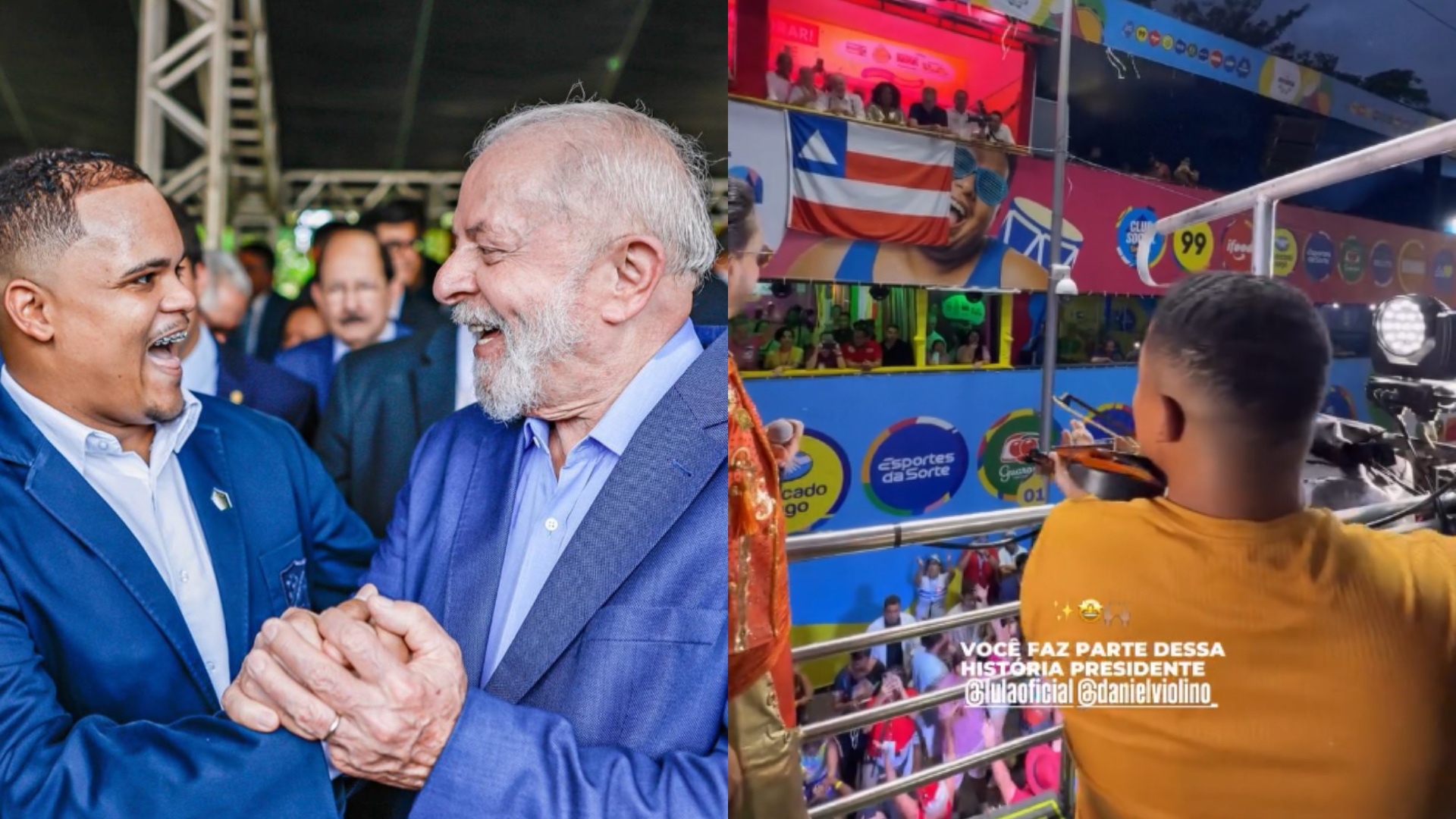 Violinista Daniel homenageou Lula durante passagem pelo Campo Grande, neste s&aacute;bado de Carnaval | Fotos: reprodu&ccedil;&atilde;o/redes sociais