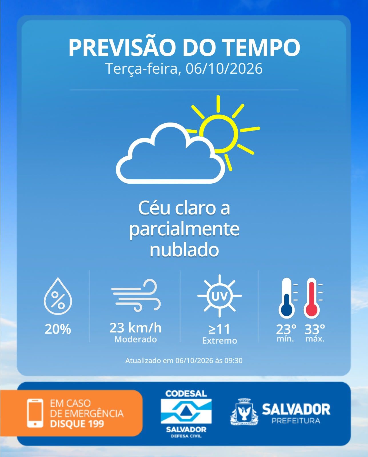 Salvador ter&aacute; tempo quente e pouca chance de chuva nesta ter&ccedil;a-feira (6), Foto: Reprodu&ccedil;&atilde;o Codesal 