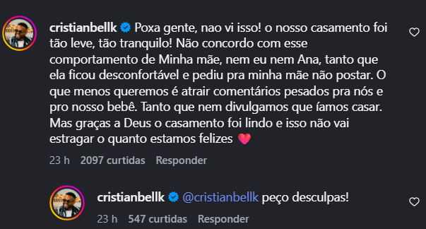 Cristian se manifesta ap&oacute;s pol&ecirc;mica.|  Foto: Reprodu&ccedil;&atilde;o Rede Social 