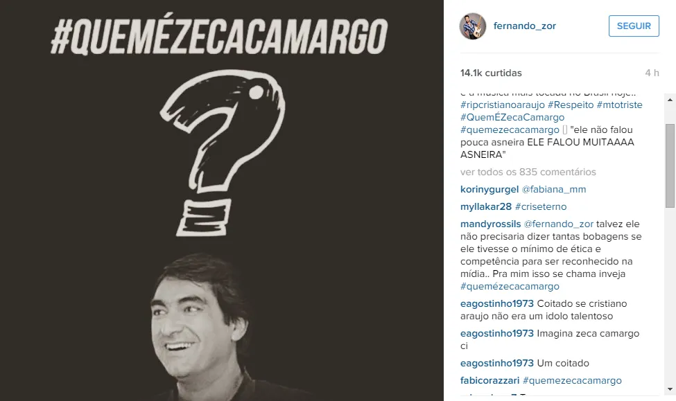 Sertanejos protestam contra Zeca Camargo após críticas
