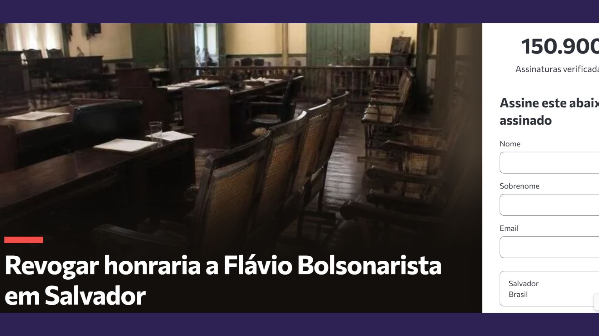 Abaixo-assinado contra o t&iacute;tulo soteropolitano para Flavio Bolsonaro