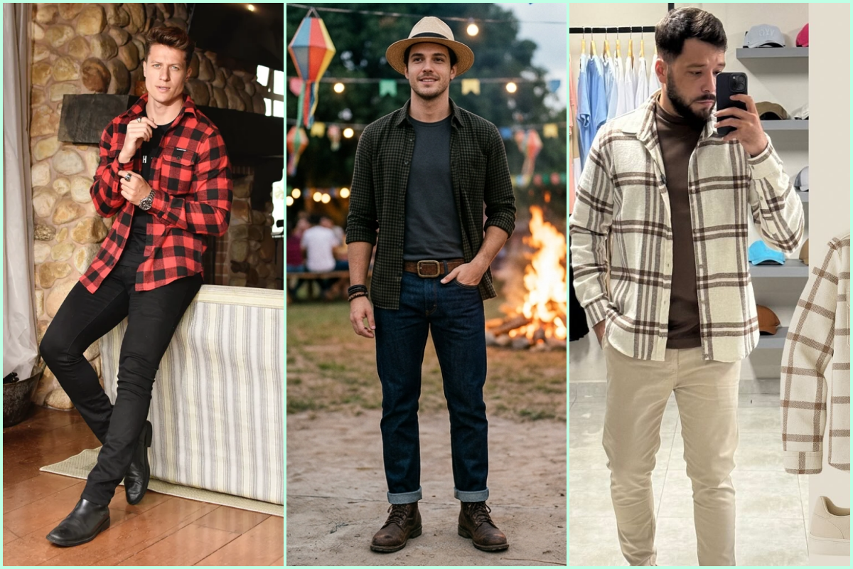 Roupas de S&atilde;o Jo&atilde;o para homens. Fotos: Pinterest, @Usetfclothing e IA