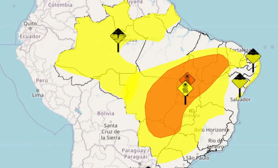As áreas afetadas incluem Bahia, Goiás, Maranhão, Mato Grosso, Mato Grosso do Sul, Minas Gerais, Pará, Piauí, São Paulo e Tocantins. | Imagem: Inmet