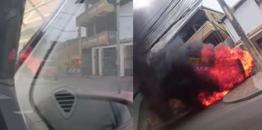 Carro pega fogo na Avenida Dorival Caymmi, nesta quarta-feira (9).| Foto: Al&ocirc; Juca
