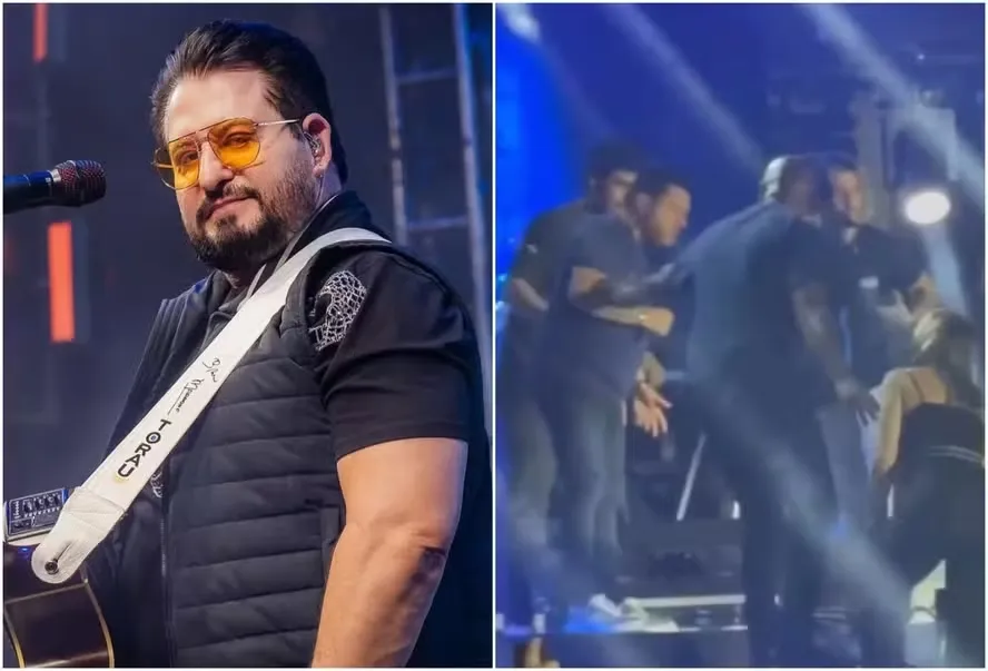 Marrone cai do palco em Goiânia e show é interrompido