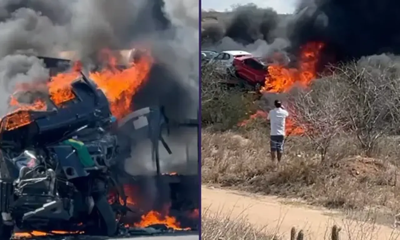 Duas pessoas morreram ap&oacute;s uma colis&atilde;o frontal envolvendo dois ve&iacute;culos de carga na BR-116. | Foto: Redes Sociais