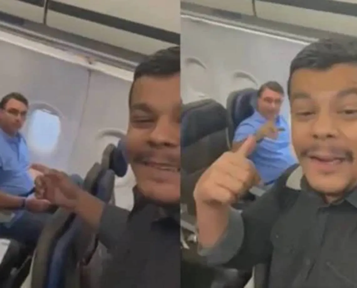 Youtuber encontra Flávio Bolsonaro em avião e ironiza: “E as joias?”