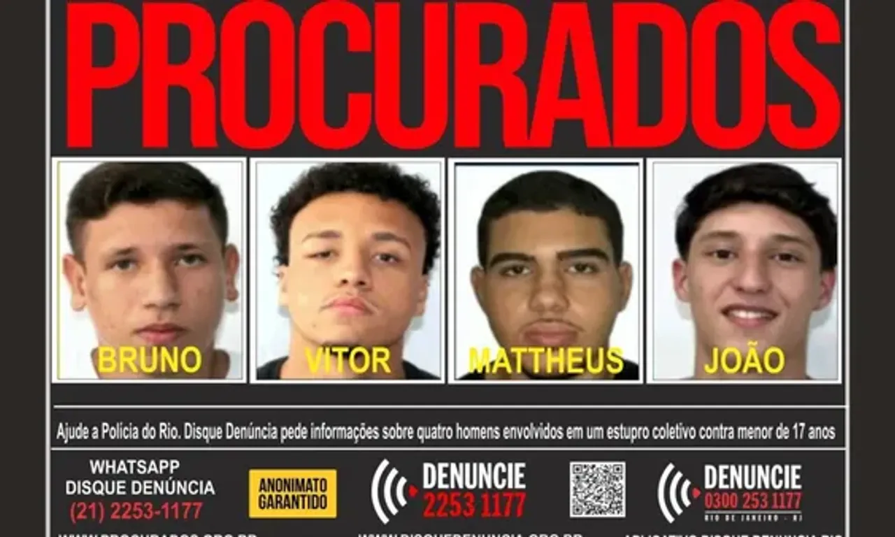 Procurados por estupro coletivo de adolescente de 17 anos no Rio de Janeiro