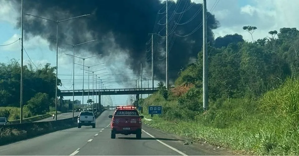 Nuvem densa de fumaça chama a atenção de quem transita na BR-324 neste domingo (16)