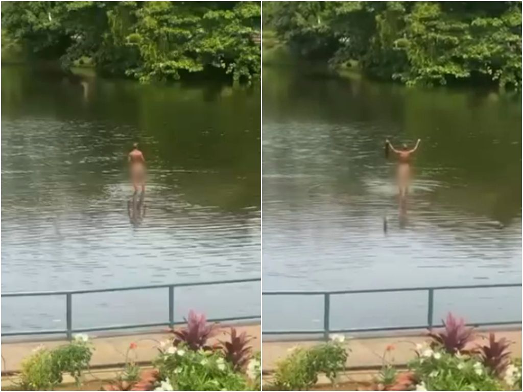 Sem se importar, o homem aparece completamente nu no Dique do Tororó. Foto: Redes Sociais