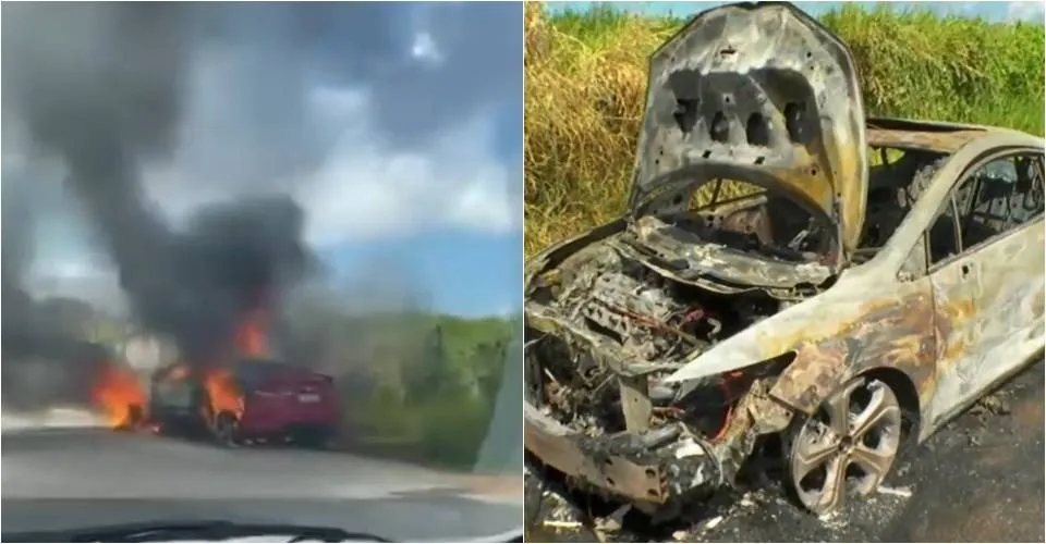 Vídeo: carro pega fogo na Paralela e veículo fica completamente destruído