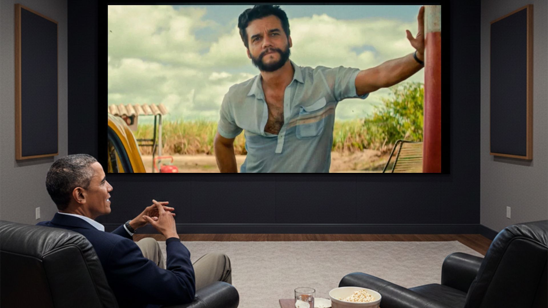 Imagem ilustra Obama assistindo ao filme brasileiro O Agente Secreto | Imagem feita com o Gemini (IA)