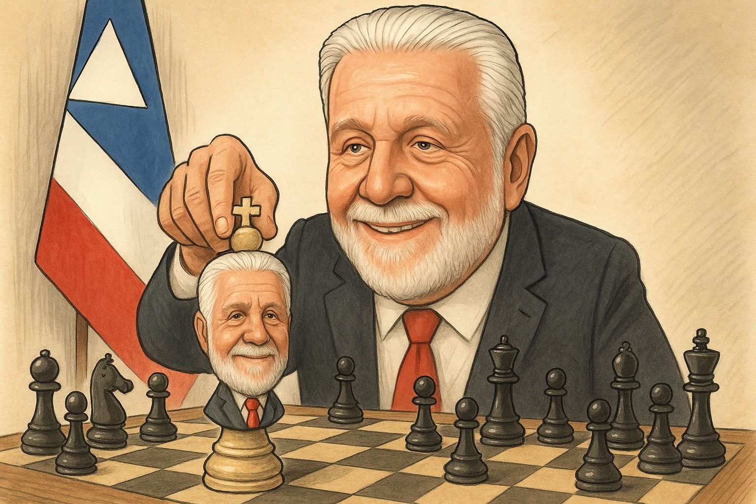 Líder no Senado, Jaques Wagner continua comandando o xadrez político na Bahia. Promptgrafismo de Matheus Carvalho