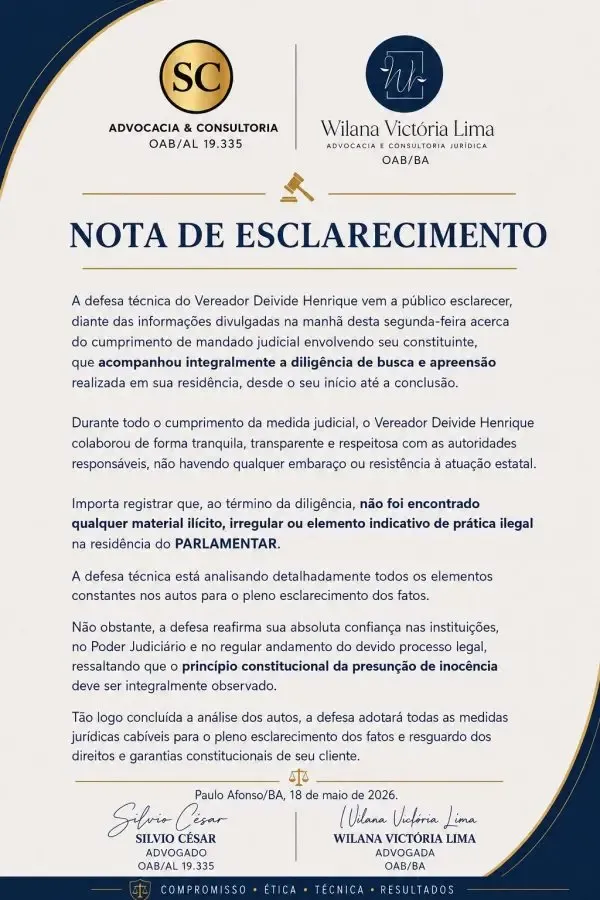 Nota de esclarecimento da defesa do vereador. Foto: Reprodu&ccedil;&atilde;o  Defesa do Vereador 