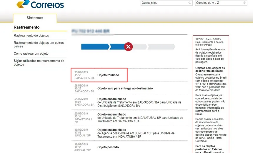 Mulher denuncia encomenda roubada durante transporte dos correios