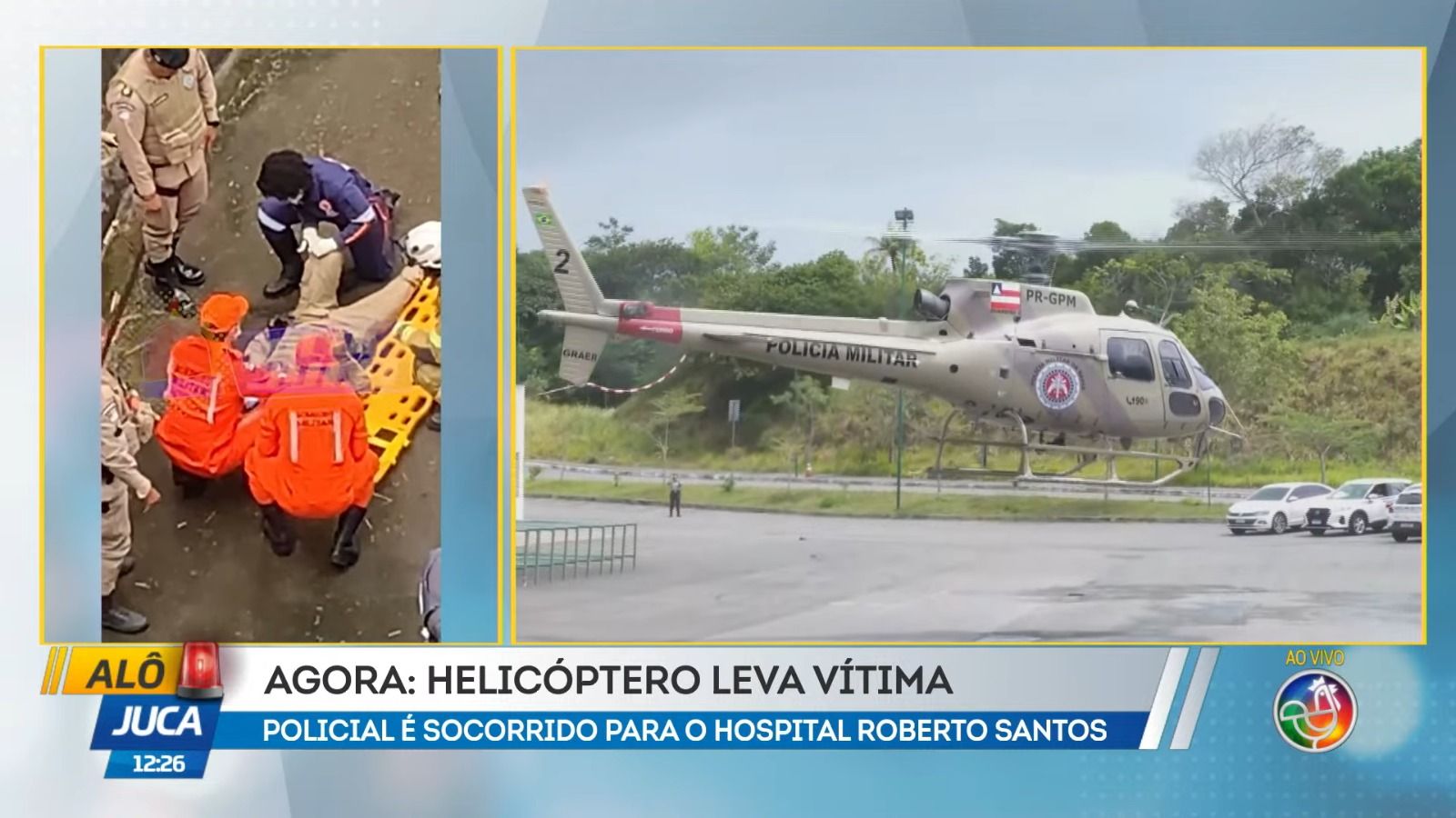 Após o acidente, um dos policiais atingidos foi socorrido para o Hospital Geral do Estado (HGE) de helicóptero. | Foto: Reprodução/TV Aratu