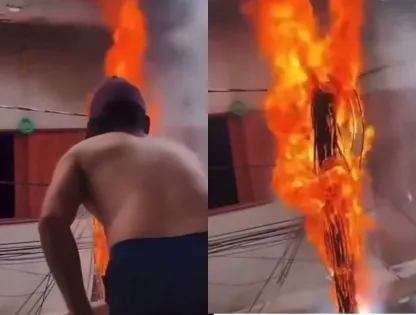 Homens usam água para apagar incêndio em rede elétrica e vídeo viraliza
