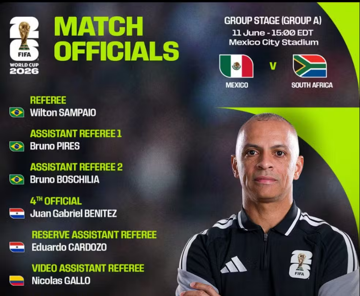 O &aacute;rbitro brasileiro Wilton Pereira Sampaio e mais dois auxiliares v&atilde;o apitar a abertura da Copa do Mundo, no jogo entre M&eacute;xico x &Aacute;frica do Sul. Foto: Fifa