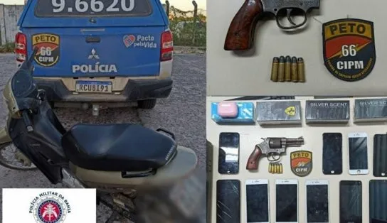 Dupla de assaltantes é presa em Feira de Santana; celulares, dinheiro e armas também foram apreendidos