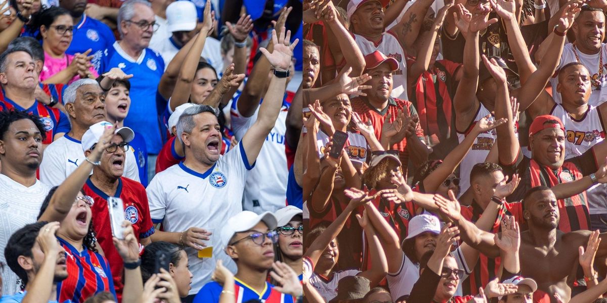 F&aacute;bio Mota tenta torcida dos dois clubes no Ba-Vi | Fotos: Rafael Rodrigues/EC Bahia e Victor Ferreira/EC Vit&oacute;ria