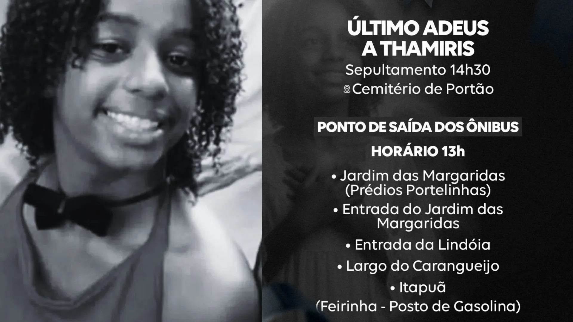 Sepultamento de Thamiris acontece na tarde deste sábado em Lauro de Freitas