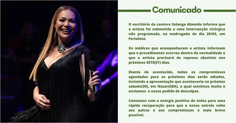 Solange Almeida passa por cirurgia de emergência e cancela agenda na Bahia