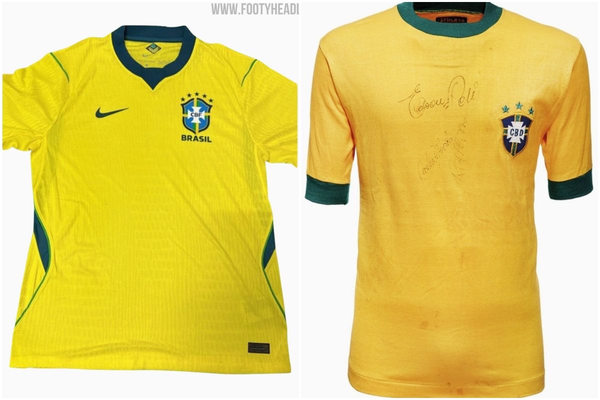 O possível uniforme da Seleção Brasileira tem inspiração na camisa usada na Copa de 1970. Foto: FootyHeadlines