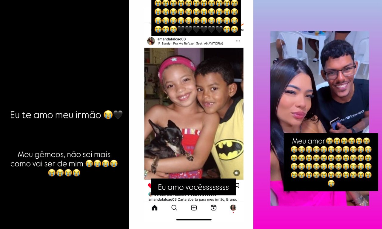 Publicações de Brenda Falcão sobre a morte do irmão. Foto: redes sociais | @breendafalcao 