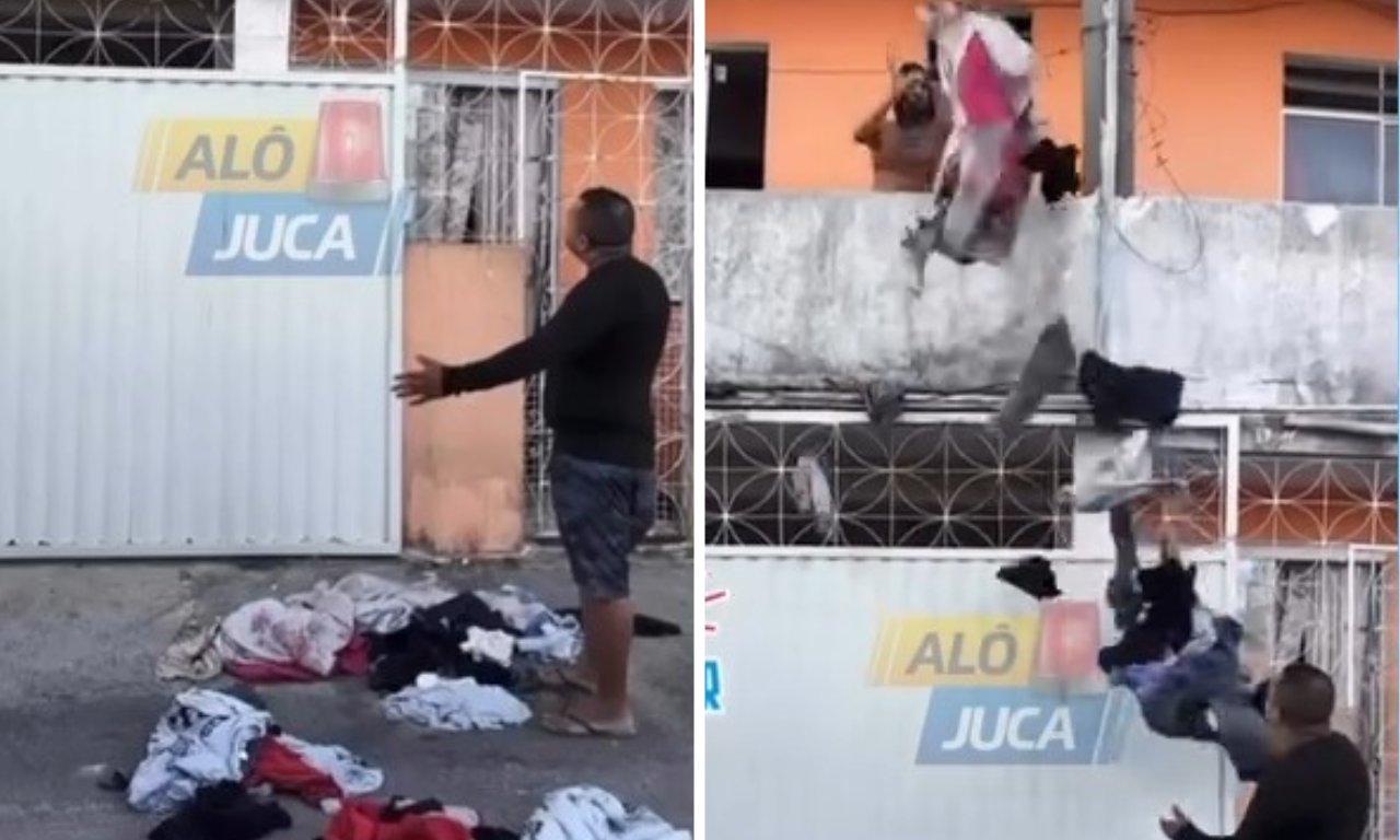 V&Iacute;DEO: mulher &eacute; flagrada jogando roupas do ex-namorado na rua em Salvador.Foto: Reprodu&ccedil;&atilde;o