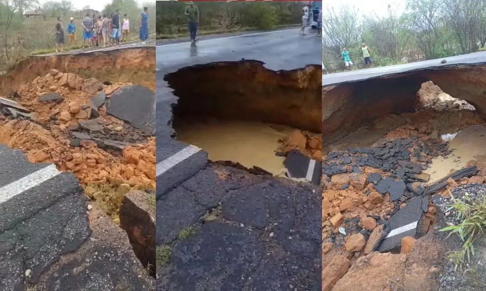 Após madrugada chuvosa, cratera interdita BR-116 entre Araci e Tucano