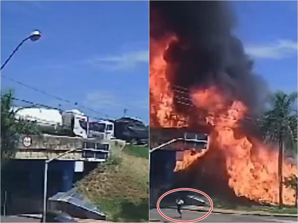 Os caminhões estavam carregados de produtos inflamáveis e pegaram fogo após a batida. Foto: Redes Sociais