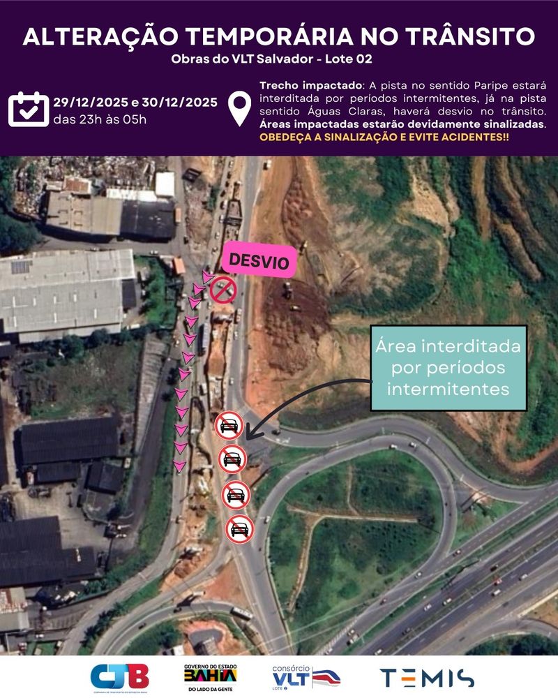 O VLT de Salvador (Ve&iacute;culo Leve sobre Trilhos) est&aacute; em fase avan&ccedil;ada de implementa&ccedil;&atilde;o. Em 19 de dezembro de 2025, o sistema realizou sua primeira viagem-teste oficial na capital baiana/Foto:Ascom/CTB