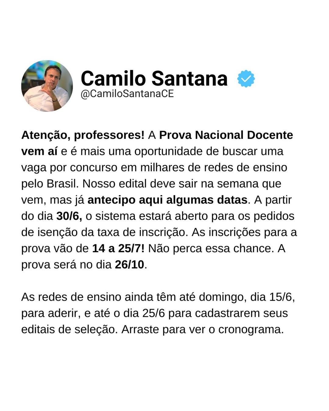 Ministro da Educação anuncia inscrições para Enem dos Professores. Foto: Reprodução / Instagram @camilosantanaoficial