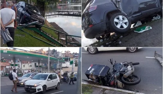 Acidente entre carros e moto tem ferido e veículo quase caindo no Dique do Tororó 