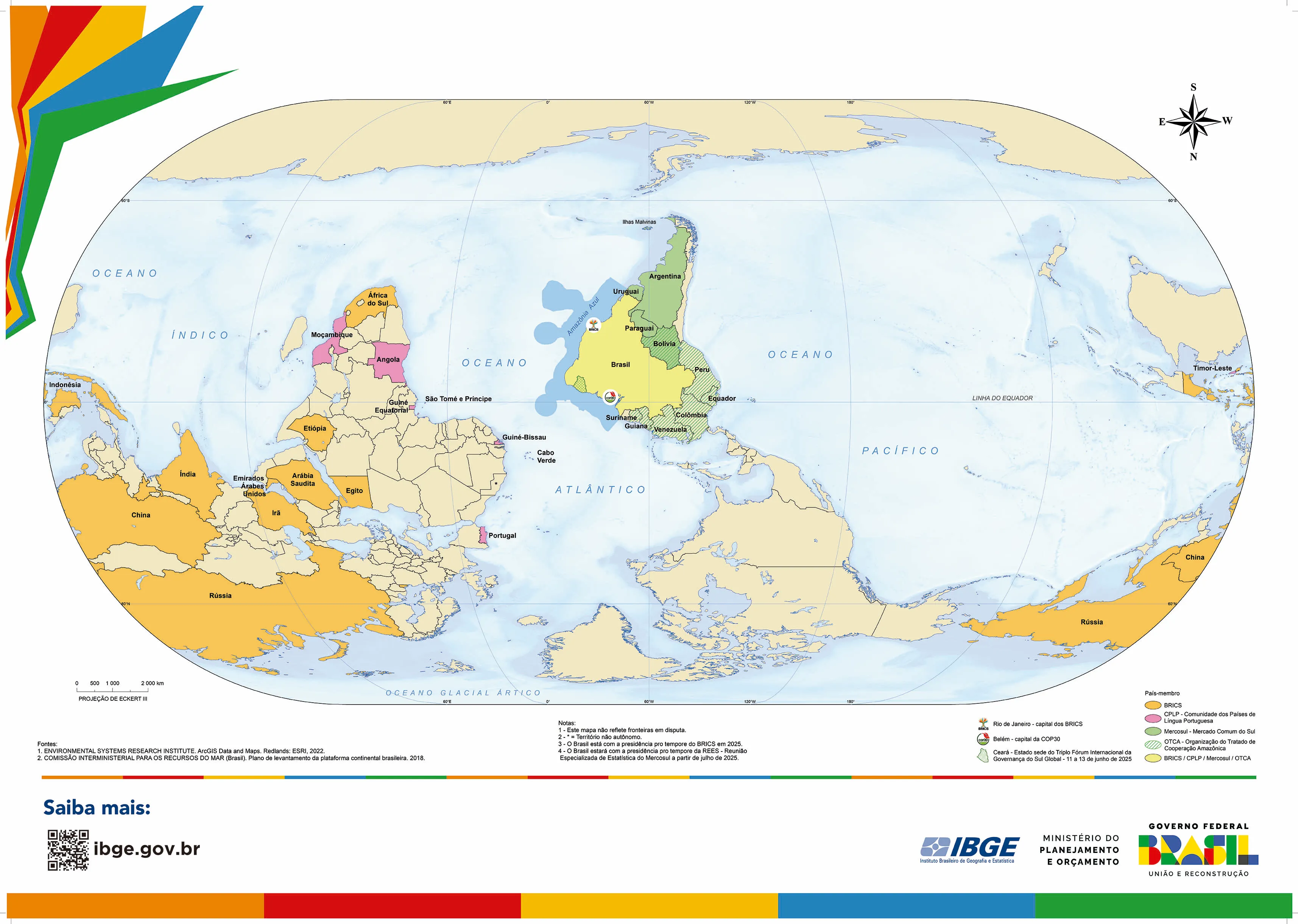 IBGE lança mapa-múndi com Brasil no centro e Hemisfério Sul no topo