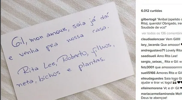 &#8220;VENHA PARA NOSSA CASA&#8221;: Internado, Gilberto Gil recebe bilhete carinhoso de Rita Lee
