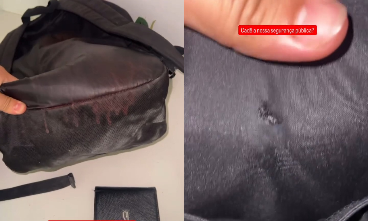 Barbeiro mostra mochila atingida por disparo. Foto: redes sociais | @atilaamorin_