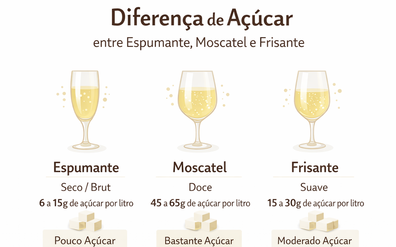A quantidade de a&ccedil;&uacute;car em espumantes varia muito conforme o tipo, indo de at&eacute; 3g/L (Nature/Brut Nature) para os mais secos a mais de 50-60g/L (Doce/Moscatel)/Foto: Imagem gerada por ChatGPT