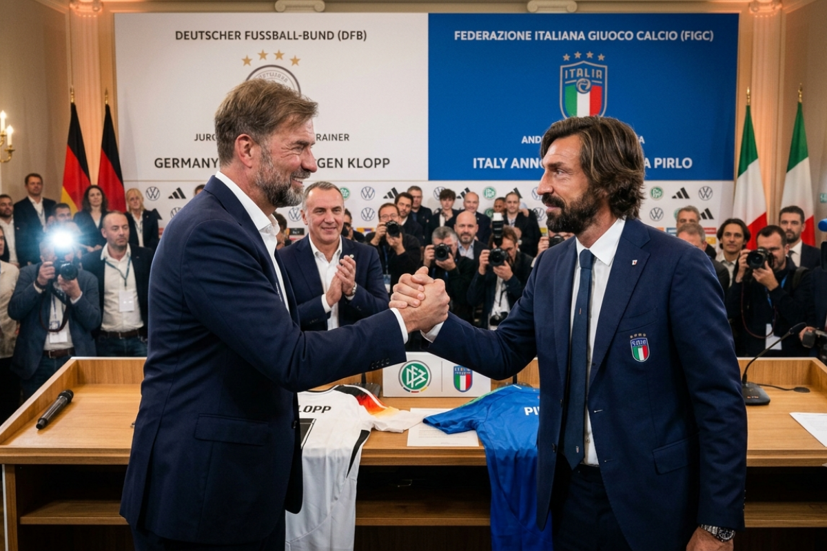 Copa do Mundo: Alemanha contrata Jurgen Klopp e It&aacute;lia fecha com Andrea Pirlo. Foto: Imagem gerada por IA