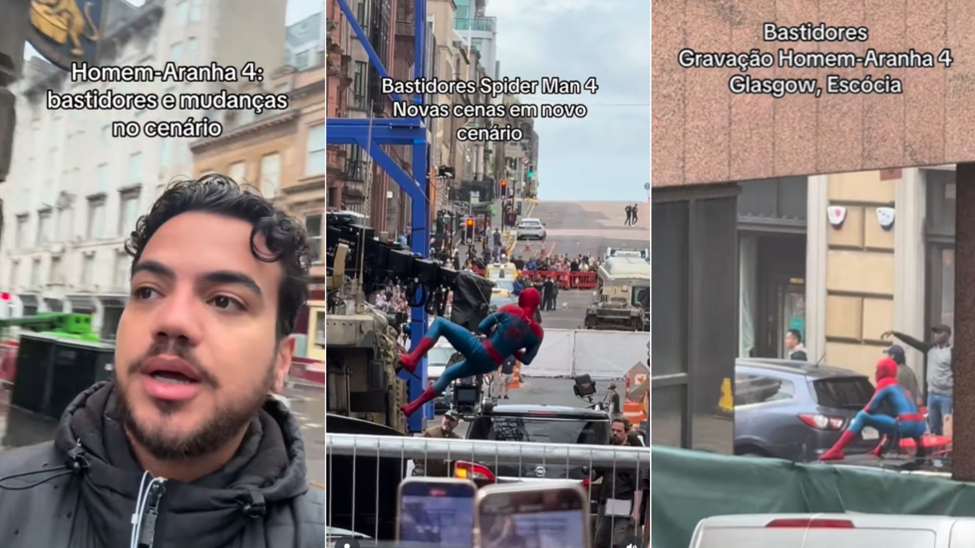 Baiano Marcos Sabino presenciou gravações de cenas de Homem-Aranha 4 em Glasgow, Escócia | Imagens: reprodução/redes sociais