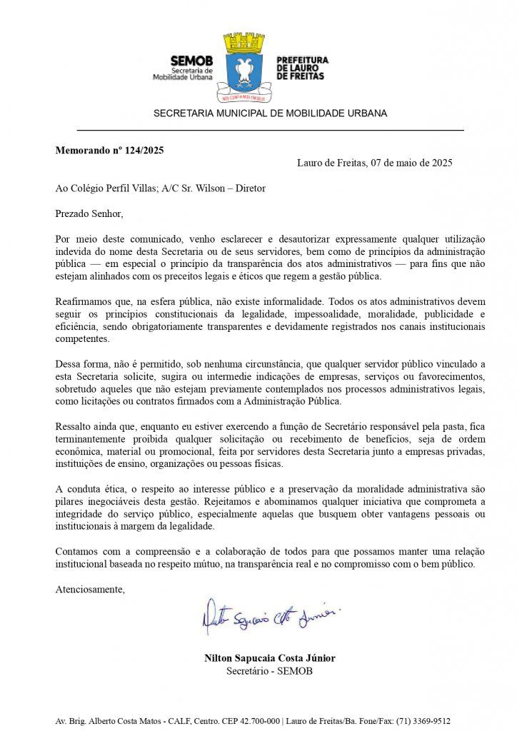Comunicado assinado pelo secretário Nilton Sapucaia